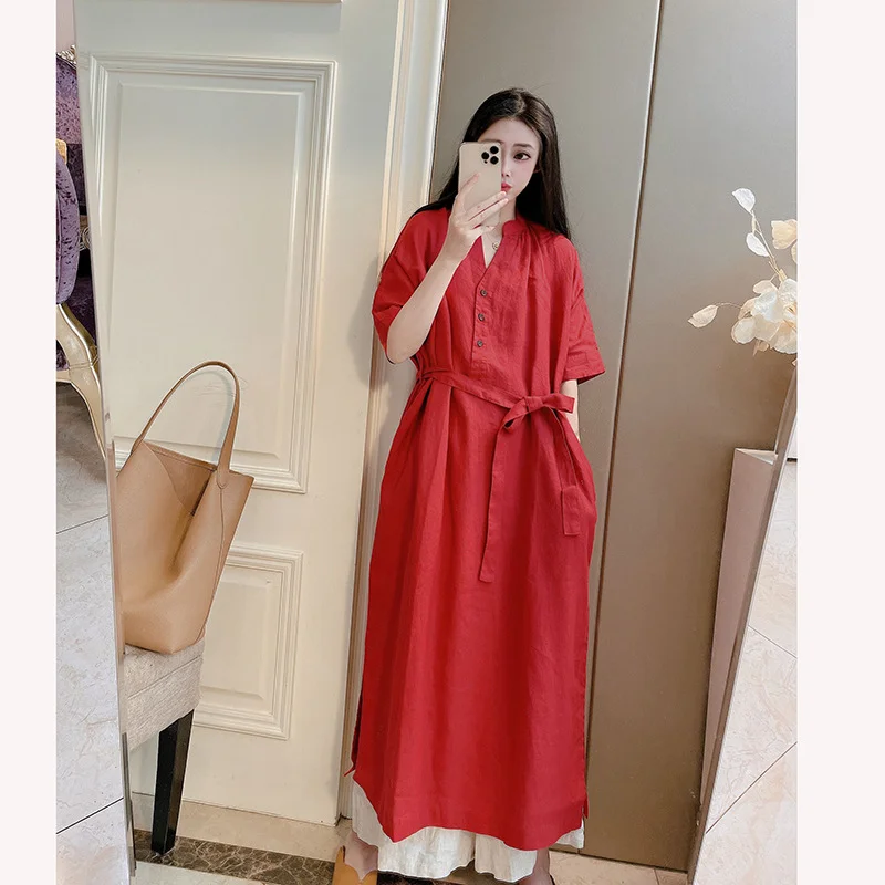 

New 2023 Fashion Elegant Dress V-neck Vintage Robe Summer Cotton Comfortable Commuting Literature Art Pretty Dresses for Women