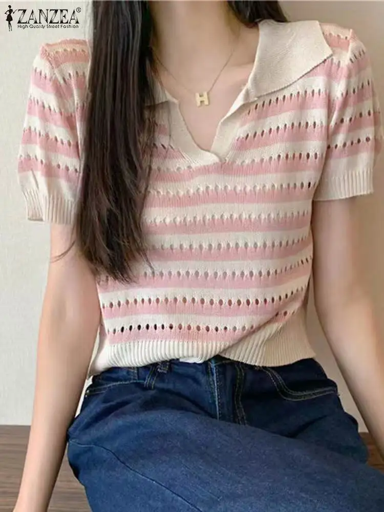 

Женская трикотажная футболка ZANZEA с коротким рукавом, полосатые модные облегающие короткие футболки с отложным воротником, пикантные укоро...