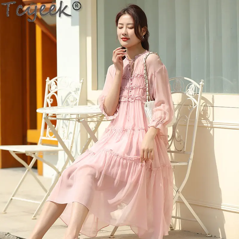 Tcyeek 100% Real Mulberry Silk Dresses French Style Summer Dress Elegant Woman Solid Silk Dress 23 Women Clothing Vestido Mujer