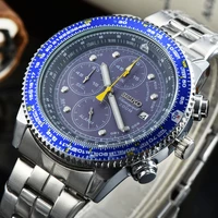 seiko pilots flight stainless steel case leather strap quartz chronograph 200m watch luxury brand business mens watches