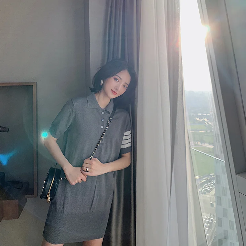 

Net red college style TB four-bar short-sleeved knitted Polo shirt dress women's bag hips Western-style knitted skirt
