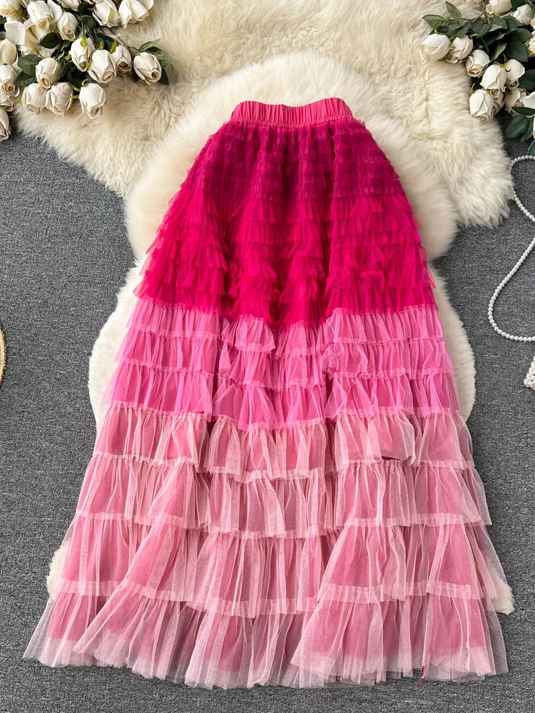 

Летняя Женская Асимметричная сетчатая миди-юбка, женская элегантная повседневная юбка с оборками, высокой талией и градиентом, желтого/фиолетового/красного цветов, новинка, M476