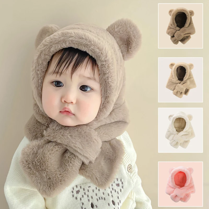 Winter Thicken Warm Thermal Baby Hat Scarf Cute Solid Color Bear Ear Coffee Headband Turban Set for Newborn Photography Crops