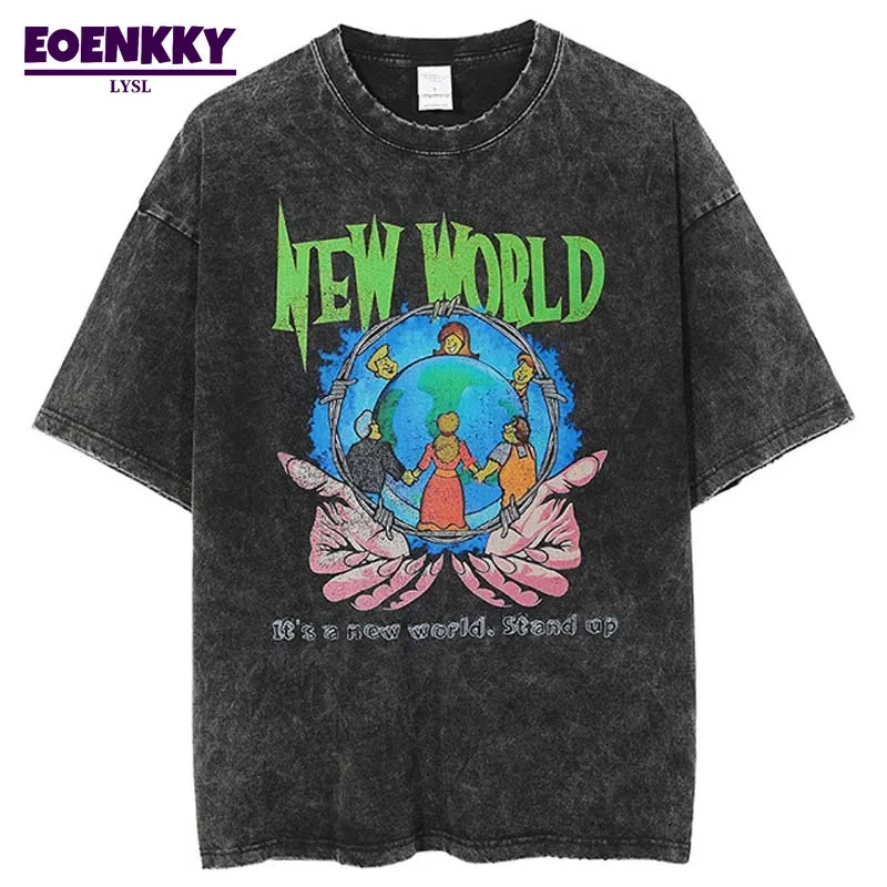 

Футболка мужская оверсайз в стиле ретро, хлопковая уличная одежда с надписью World Graphic в стиле Харадзюку, топ с коротким рукавом в стиле хип-хо...