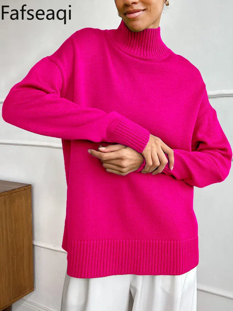 Basic Winter Women's Oversize Sweaters Turtleneck Pullover Tops Rose Red Knitted Sweater Korean Thick Warm Soft Baggy Jumper New