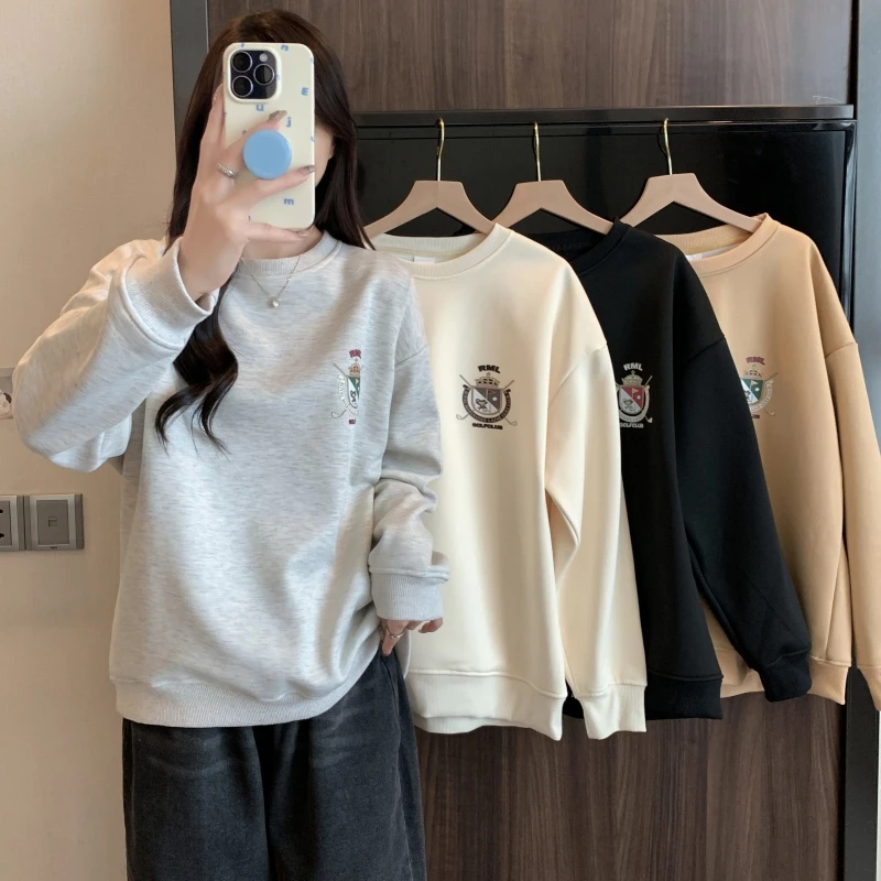 

Womens Clothing Grey Vintage Street Sweatshirt Cartoon Print Long Sleeve Casual Autumn Winter Warm Oversized Ladies Pullover Top
