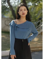 dushu slightly fat lady asymmetric off the shoulder blouse loose midweight retro design office lady solid casual shirts