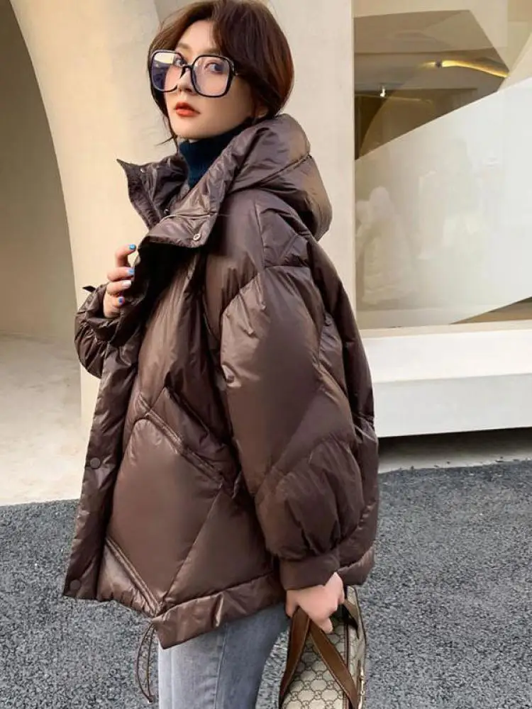 Women Down Jacket Korean Fashion Winter Hooded Parka Down Coats Solid Color Short Puffer Coat Ladies Casual Warm Outwear