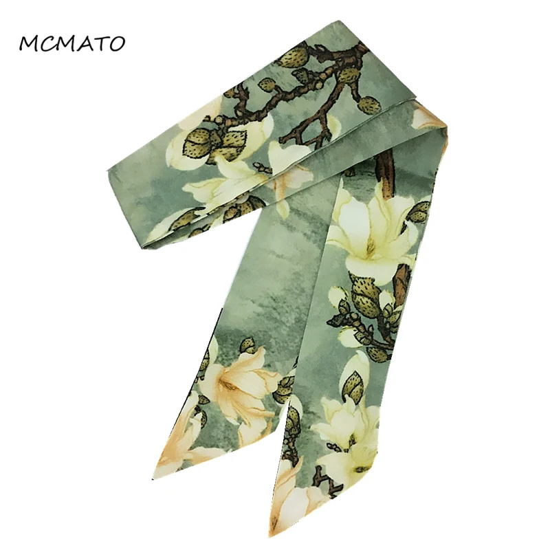 

Oil Painting Plum blossom Print Woman Silk Scarf 88cm*5cm Small Long Green Yellow Head Scarf Bag Ribbons Ladies Scarves