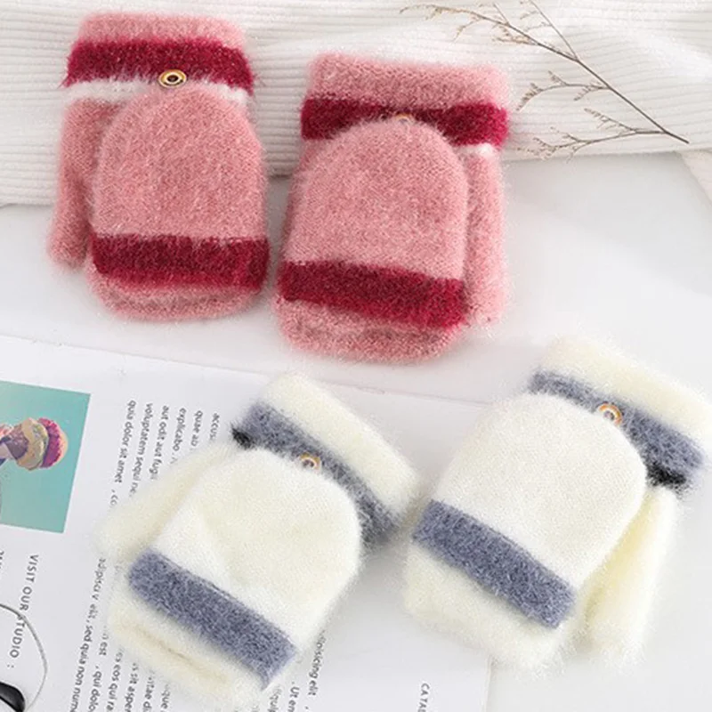 

Fingers Free Wool Gloves Women Knitted Flip Fingerless Exposed Finger Thick Gloves Mittens Winter Warm Thickening Women Glove