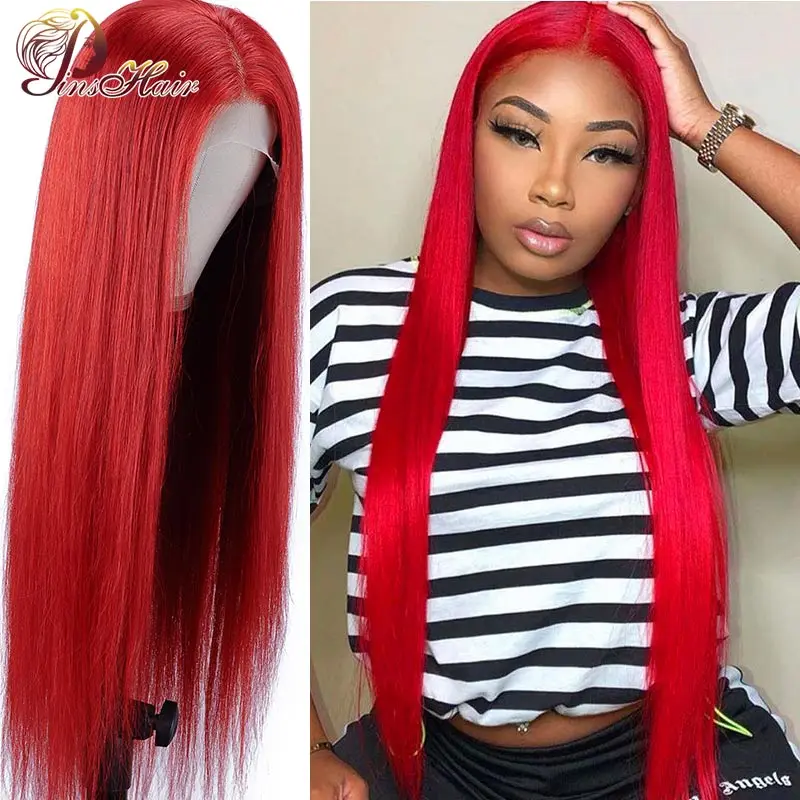 Red Colored Lace Front Human Hair Wigs Straight Lace Front Wig 99J Burgundy 13X1 T Part Lace Front Wig Pre Plucked Remy Hair 180