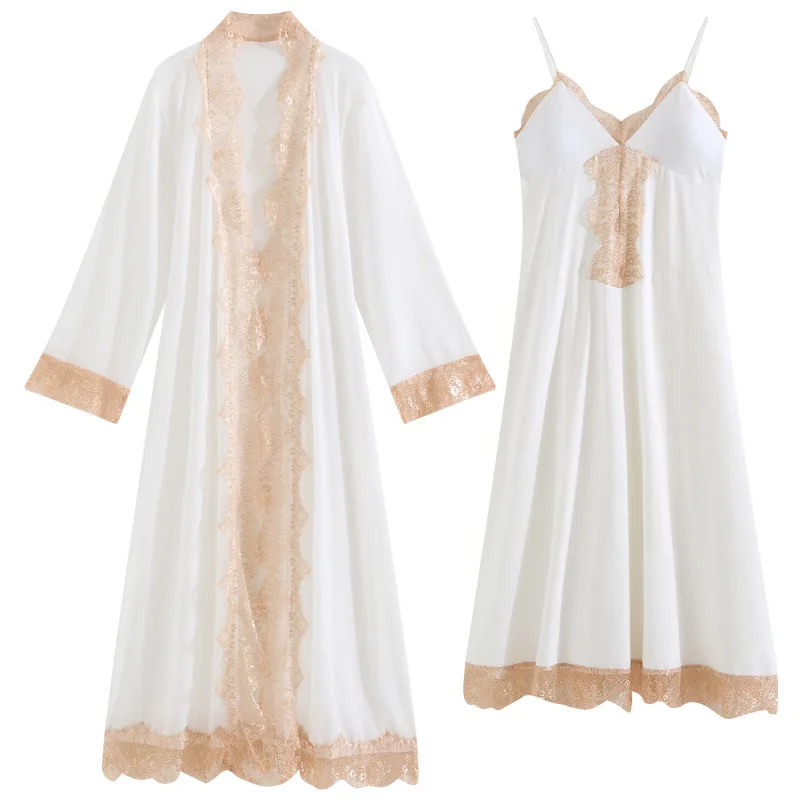 2023 Summer Long-sleeved Nightgown Women's Spring Chest Pad Sling Nightdress Cotton Palace Style Pajamas Home Service Suit