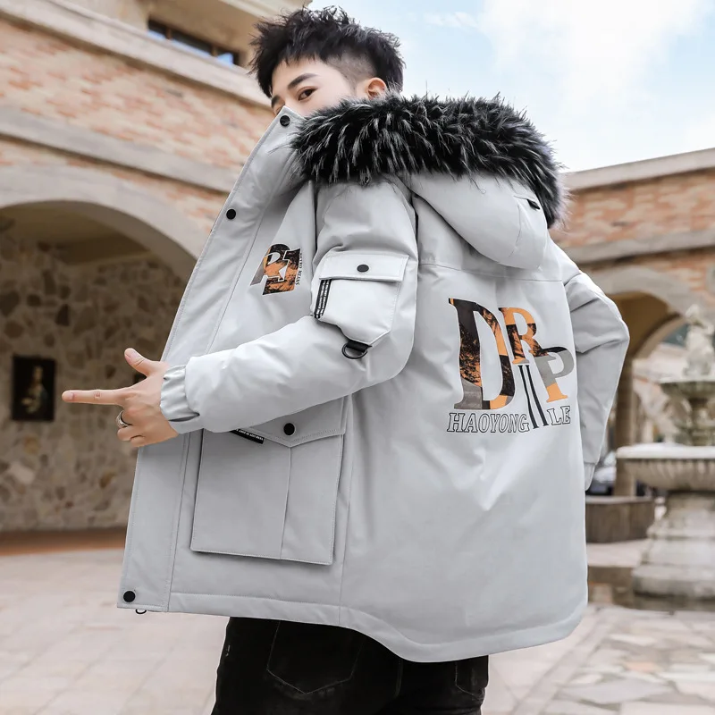 

Autumn Winter Men's Loose Cotton Coats Windbreaker Fashion Big Fur Collar Hooded Padded Jackets Youth Male Warm Casual Outerwear