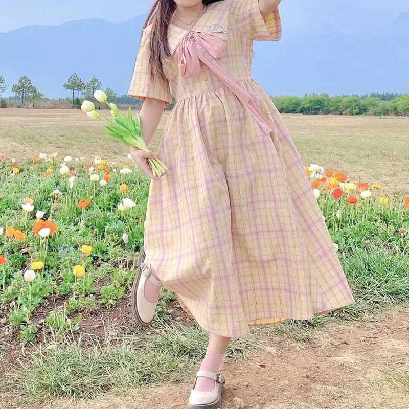 Preppy Style Sailor Collar Plaid Printing Short Sleeve Lacing Bow Macaron Tone Summer Clothes for Women Plus Size A-line Dresses