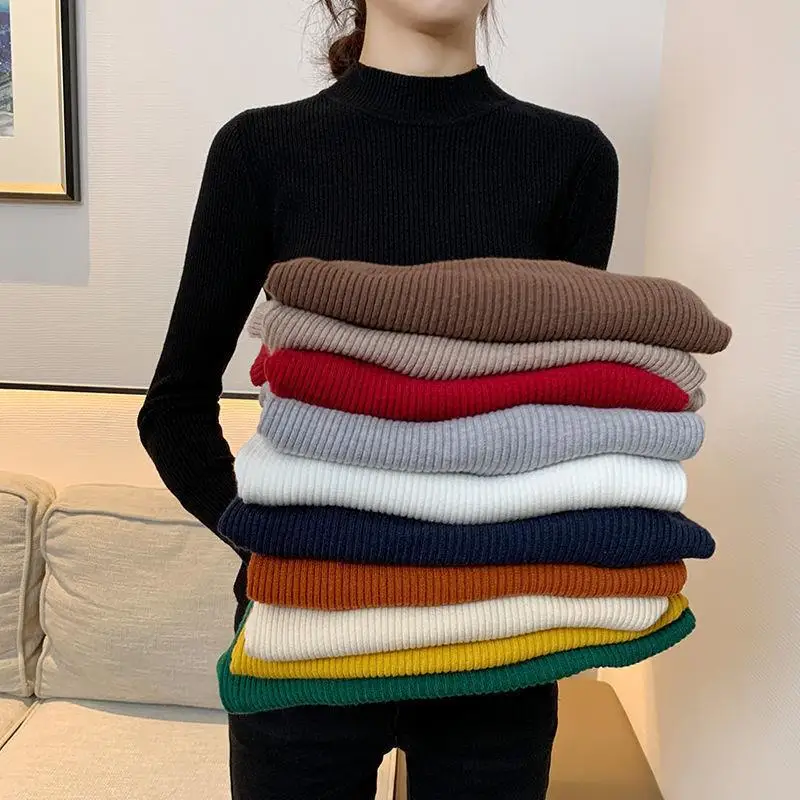 

S-5XL Top Grade Wool Half High Collar Undercoat Winter Sweater Women's Long Sleeve Outwear Heap Collar Pullover Undercoat Top
