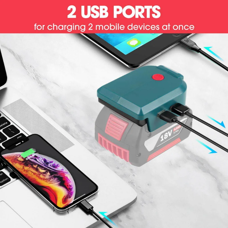 

Адаптер для аккумулятора Bosch 14,4-18 в, литий-ионный аккумулятор BAT618 BAT614, зарядное устройство с двумя USB-портами, светодиодный рабочий светсвети...