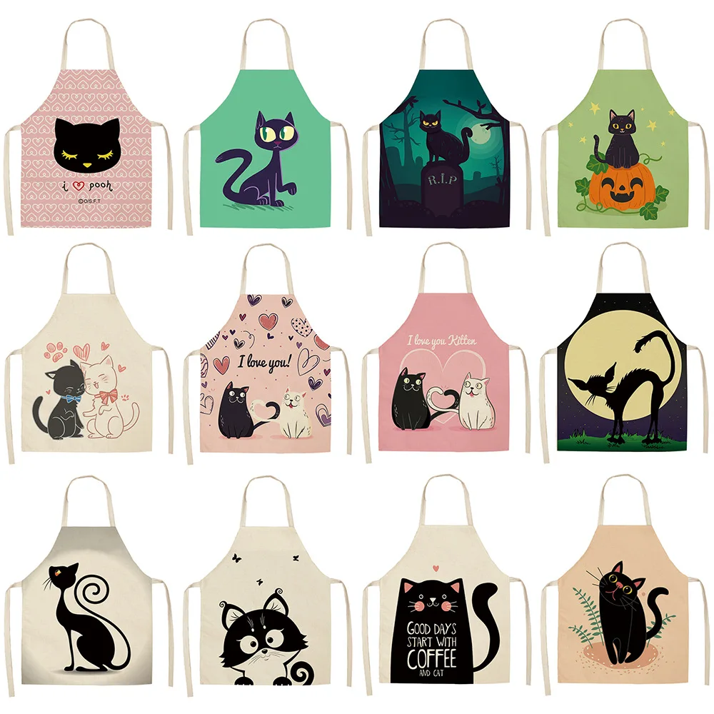 

Kitchen Apron For Women Cute Cartoon Cat Printed Sleeveless Apron Linen Adult Childs Aprons 65x53cm Home Cleaning Tools