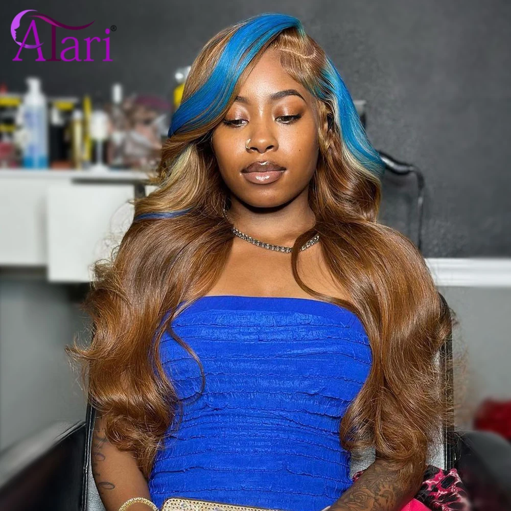 Blue Highlight 13x4 Lace Frontal Human Hair Lace Frontal Wig dark Honey Brown Transaprent Brazilian Body Wave Wig Pre Plucked