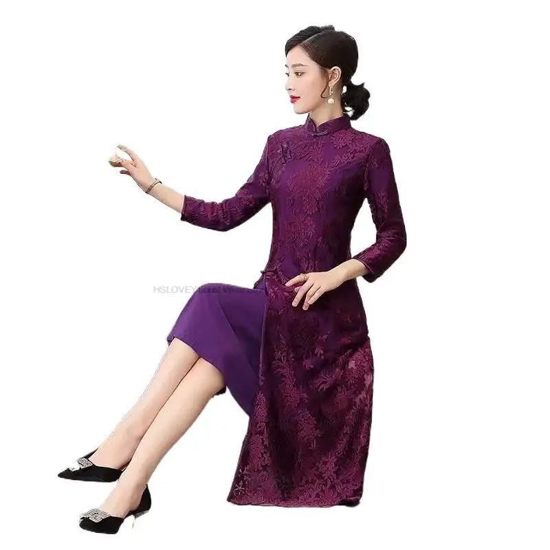 

Women Qipao Cheongsam Traditional Oriental Evening Party Dress Vestido Vintage Dress Chinese Improved Lace Flower Dress