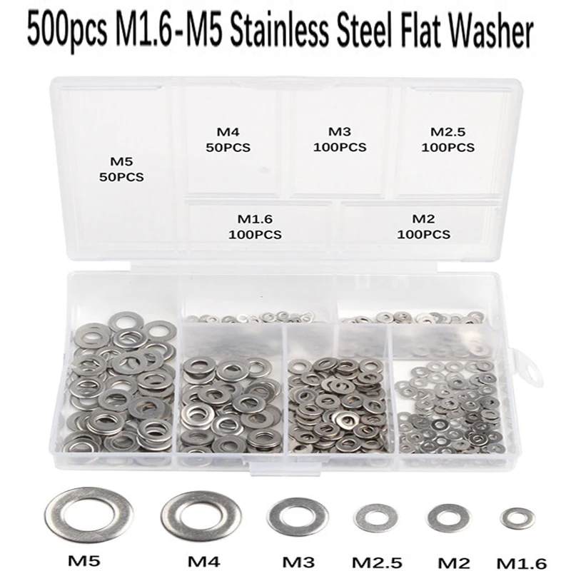 

500pcs Stainless Steel Flat Washer M1.6 M2 M2.5 M3 M4 M5 Combination Plain Washer Gaskets Assortment Kit