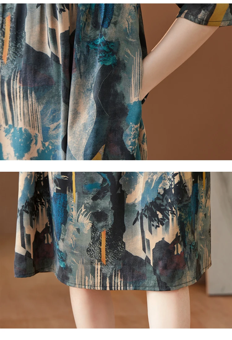 Special Promotion Silk Printing V-neck Ladies Dress 2022 Summer New Large Size Loose And Thin Casual Long Skirt Elegant Party |