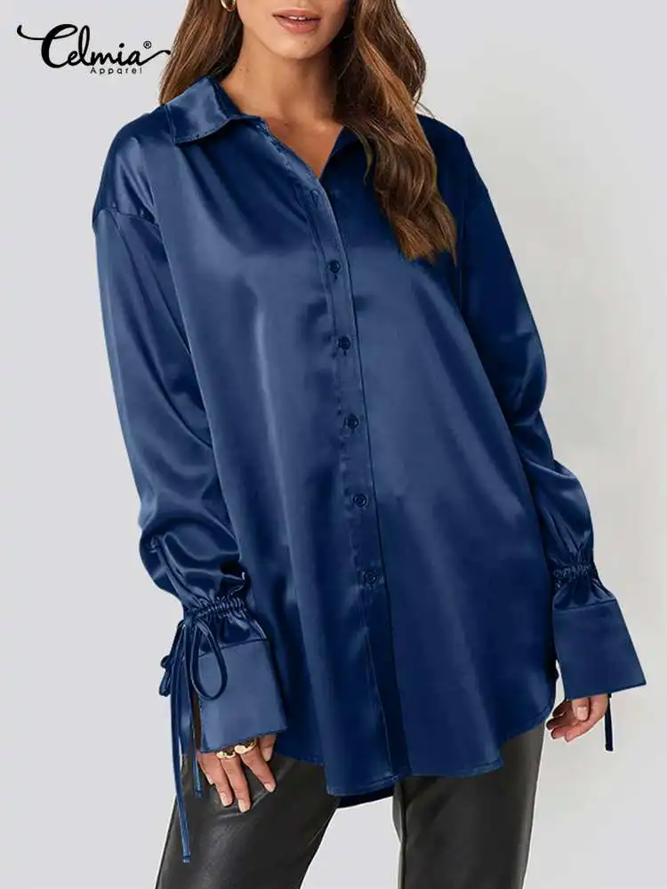 

Celmia Satin Silk 2022 Fashion Tops Women Solid Blouse Lapel Collar Elegant OL Basic Shirts Long Sleeve Casual Blusas Femininas