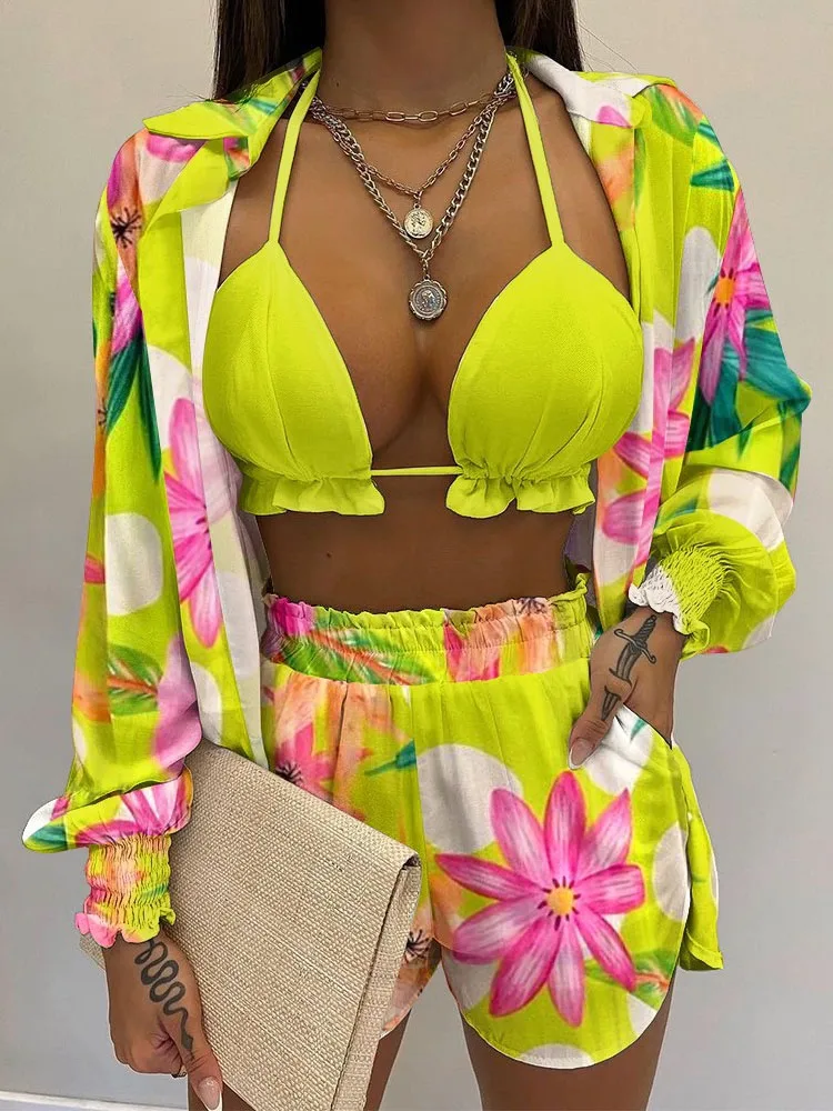 

Women Elegant Pattern Print Three-Piece Set Spring Sexy Halter Tops+Shorts New Casual Long Sleeve Outfits Loose Suits Streetwear