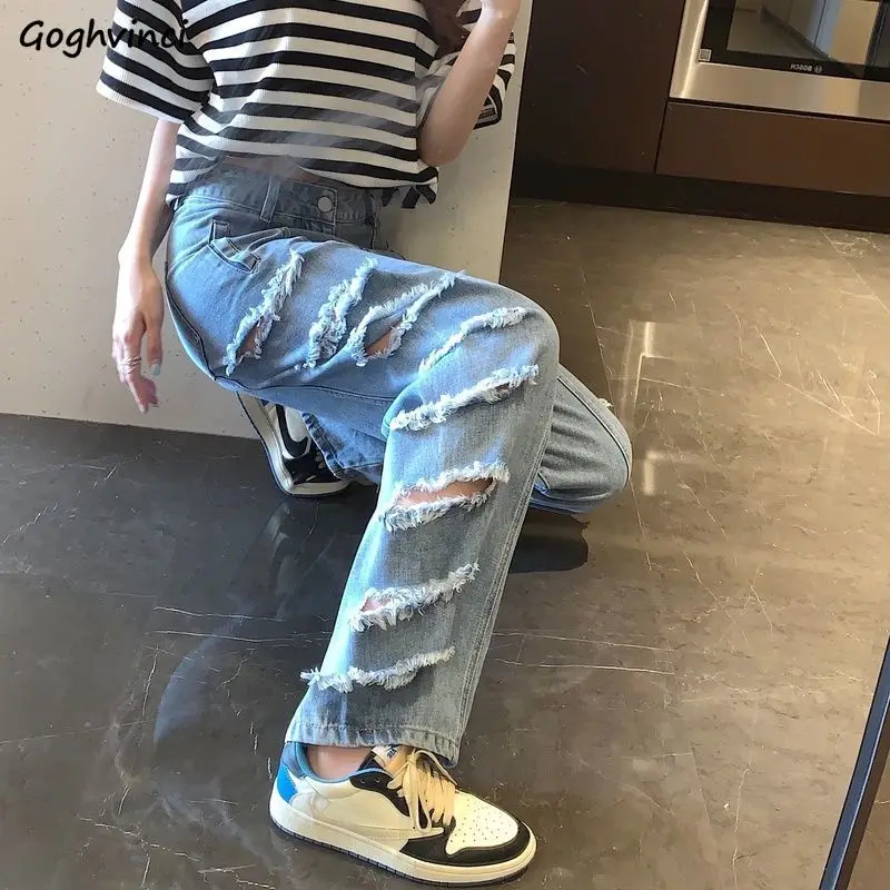 

Jeans Women High Street Ulzzang Unisex Cool Female Hole Ripped Popular All-match Korean Style Casual Loose Stylish Youth Y2K Ins