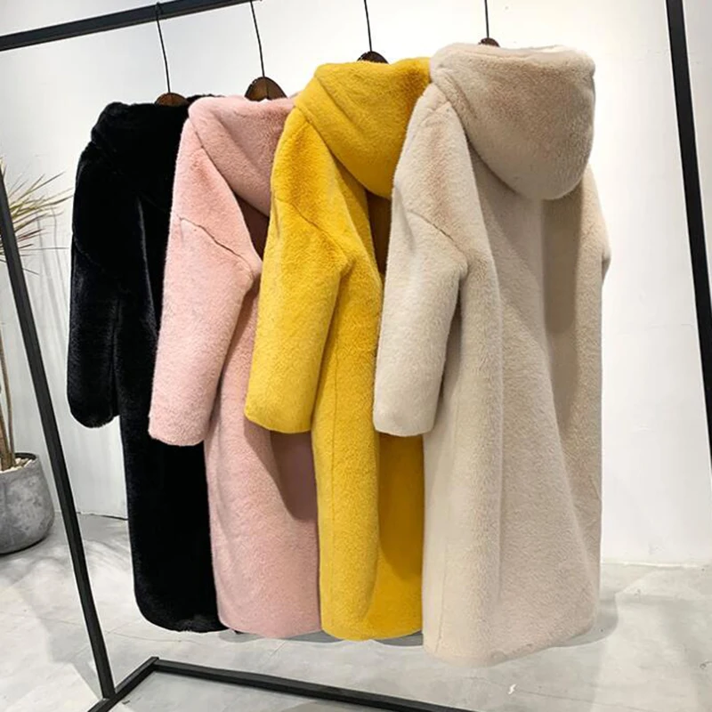 x-long fur hooded coat long women top fuax rabbit fur Women's imitation oversize outdoor luxurious thick warm h large winter