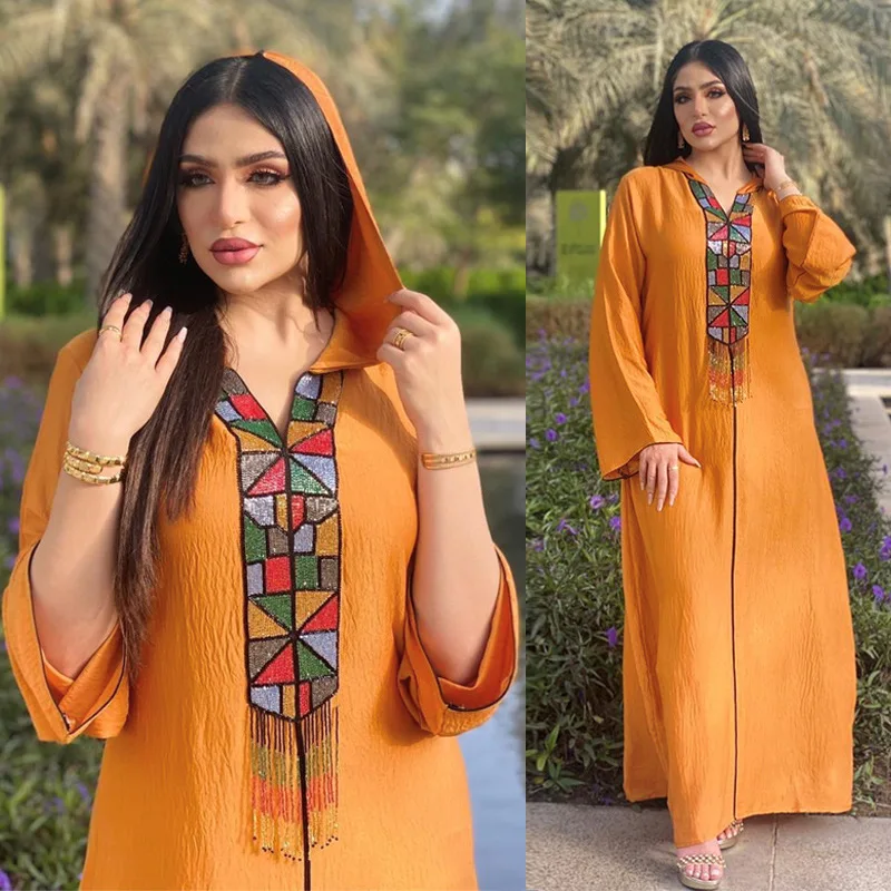 

ICCLEK Abaya Muslim Dubai Eid Ul Adha Muharram Islamic New Year Orange Abaya Plus Size Hijab Women Clothing Dubai Abaya