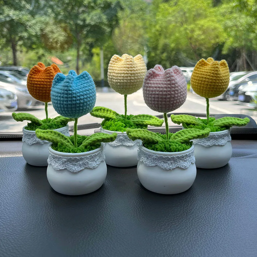 

Crochet Tulip Potted Plant,Car Accessory Dashboard Decor,New Car Interior Ornaments,Hand Knitted Gift For Women,Home Table Decor