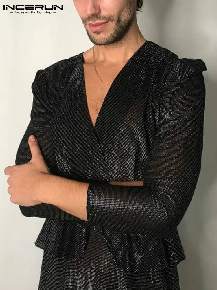 

Новая мужская однотонная блузка для вечерние ринки и ночного клуба, топы INCERUN 2022, Стильная мужская универсальная Простая рубашка с V-образны...