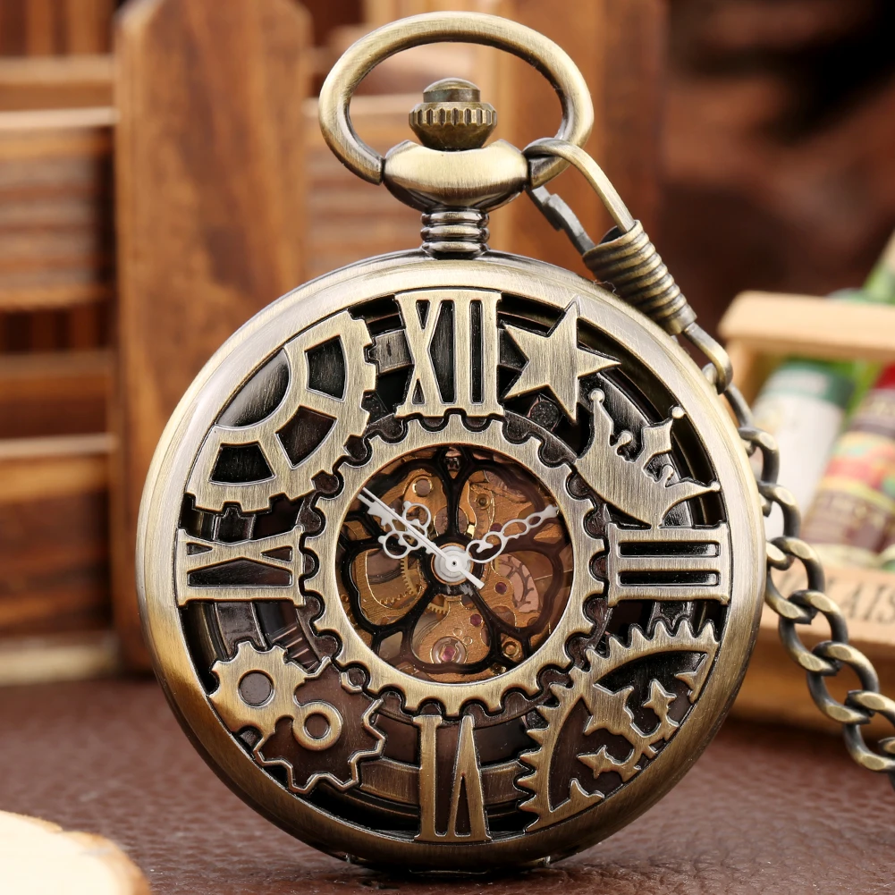 Manual Mechanical Pocket Watch Punk Bronze Gear Skeleton Luxury Vintage Antique Hand Winding Pocket Timepiece Men Gifts