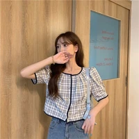 vintage button up plaid ladies short sleeve tshirts 2021 summer women o neck puff sleeve t shirts female new all match clothing