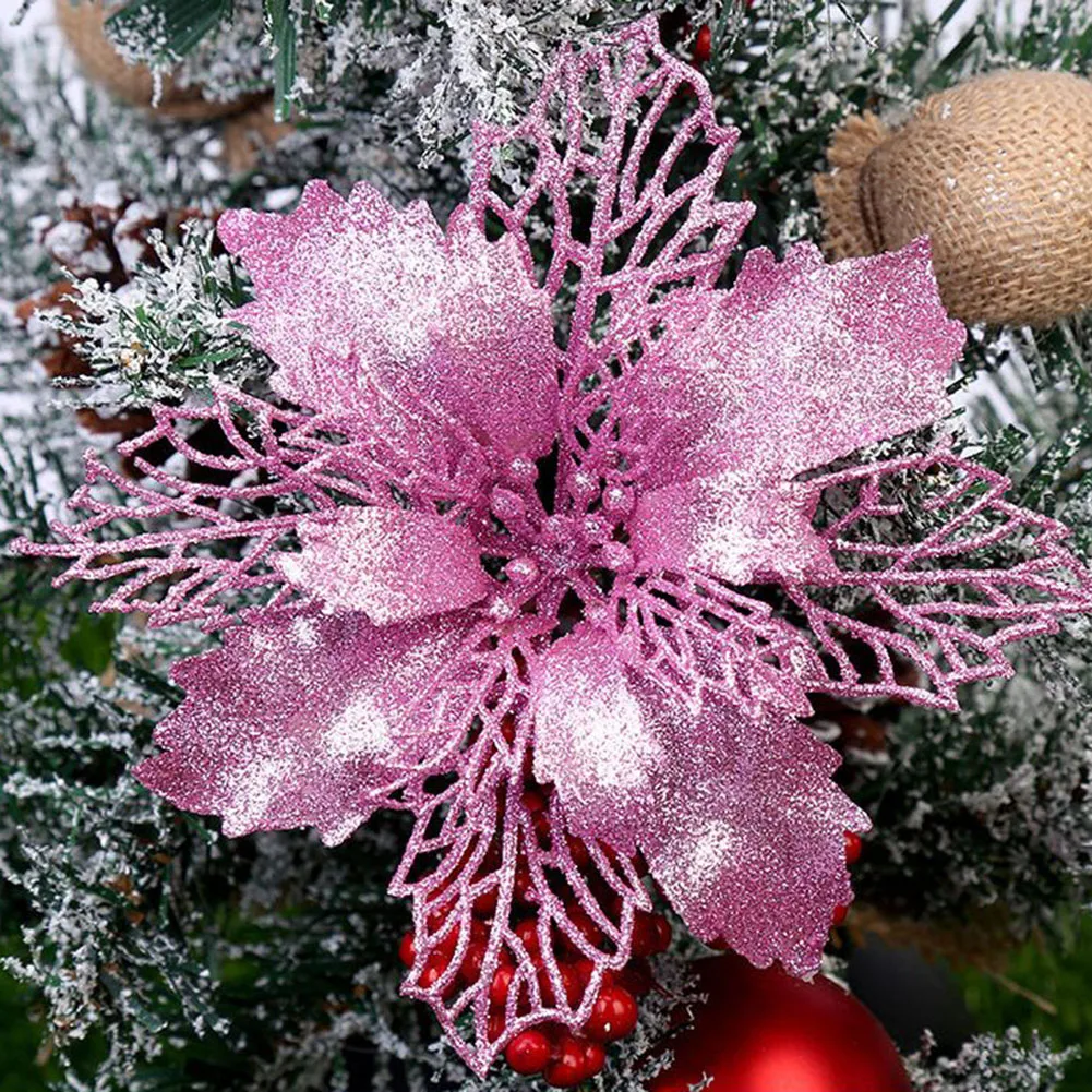 

16cm Artificial Christmas Flowers Xmas Tree Ornaments Glitter Flowers Home Decoration For Merry Christmas New Year Party Navidad