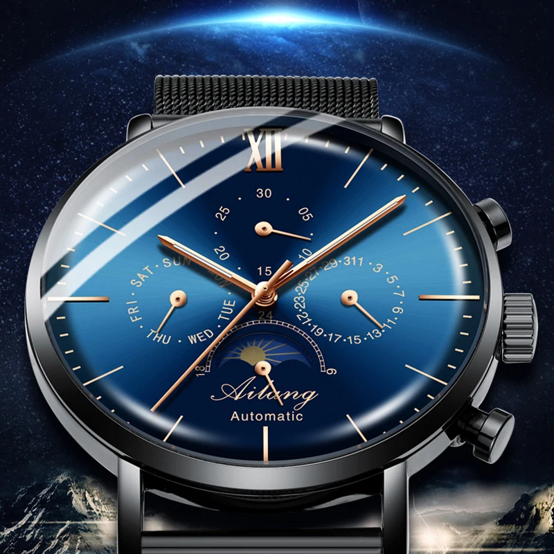 Top Luxury Mechanical Watch Men's Automatic Multifunction Auto Date Moon Phase Waterproof Watch Diving Clock enlarge