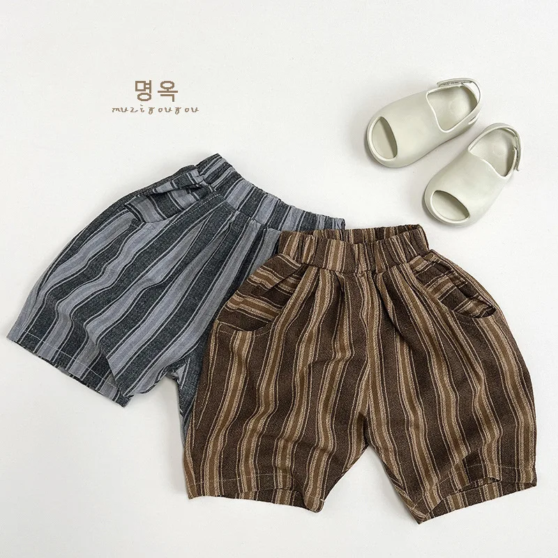 

Summer Kid Boy Cotton Linen Casual Shorts Girl Baby Retro Striped Pockets Loose Pants Children Cotton Fashion Wide Leg Trousers