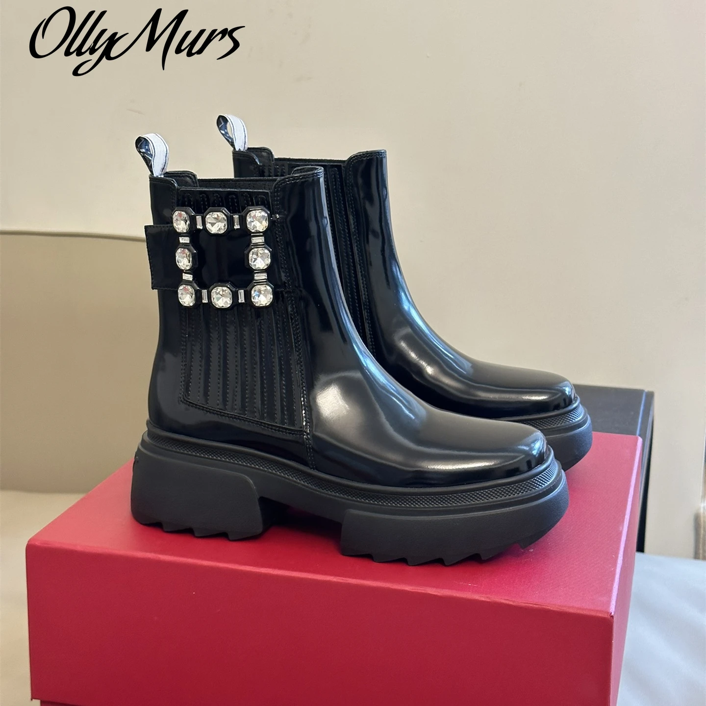 

New Shoes For Women Size35-41 Genuine Leather Boots Med Heels Crystal Flat Platform Ankle Boots Designer Shoes Zapatillas Mujer