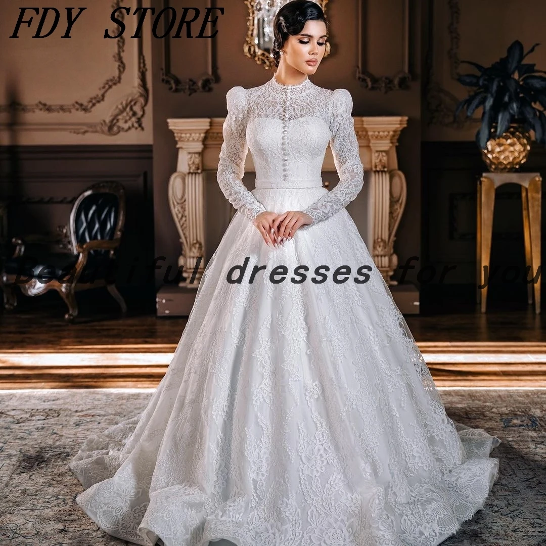 

FDY Store бальное платье, кружевные свадебные платья с круглым вырезом и длинными рукавами, свадебные платья со шлейфом на заказ