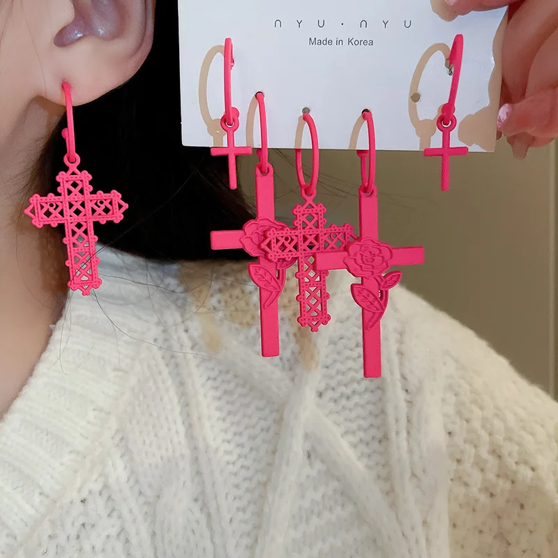 

[6-Piece ] Rose Red Cross Earrings Fashion Advanced Commuter Earrings New Luxury Korean Fashion statement earrings jewelry goth
