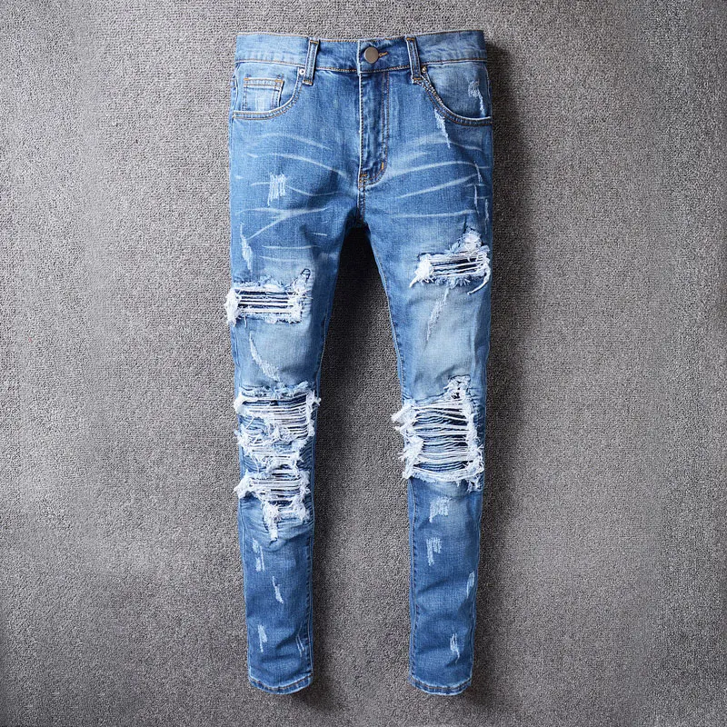 Street Fashion Men Jeans Retro Blue Elastic Stretch Skinny Fit Ripped Jeans Men Hole Patched Designer Hip Hop Brand Pants Hombre