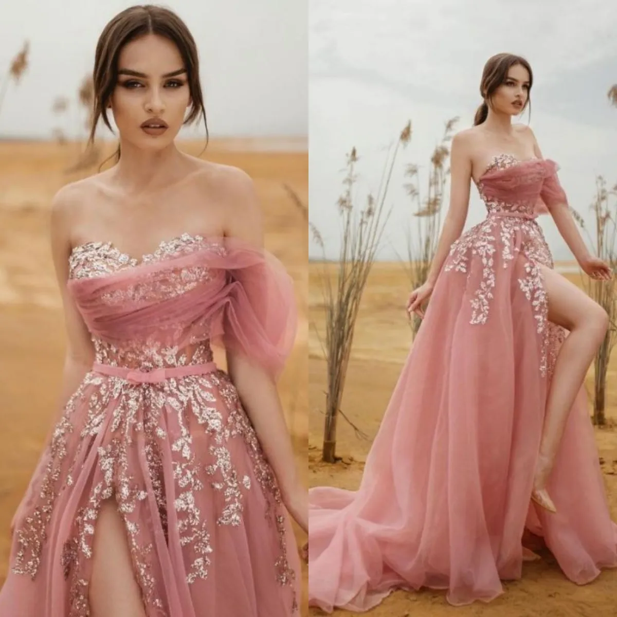 

Пыльное розовое вечернее платье с кружевной аппликацией, женское платье для выпускного вечера с разрезом, вечернее платье, бальное платье