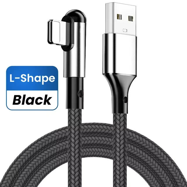

For iPhone 13 12 11 Pro Max XS XR X 8 7 6 6S 5S L-shape Nylon USB Wire Cord Alloy Phone Cable90 Degree Fast Charging USB Cable