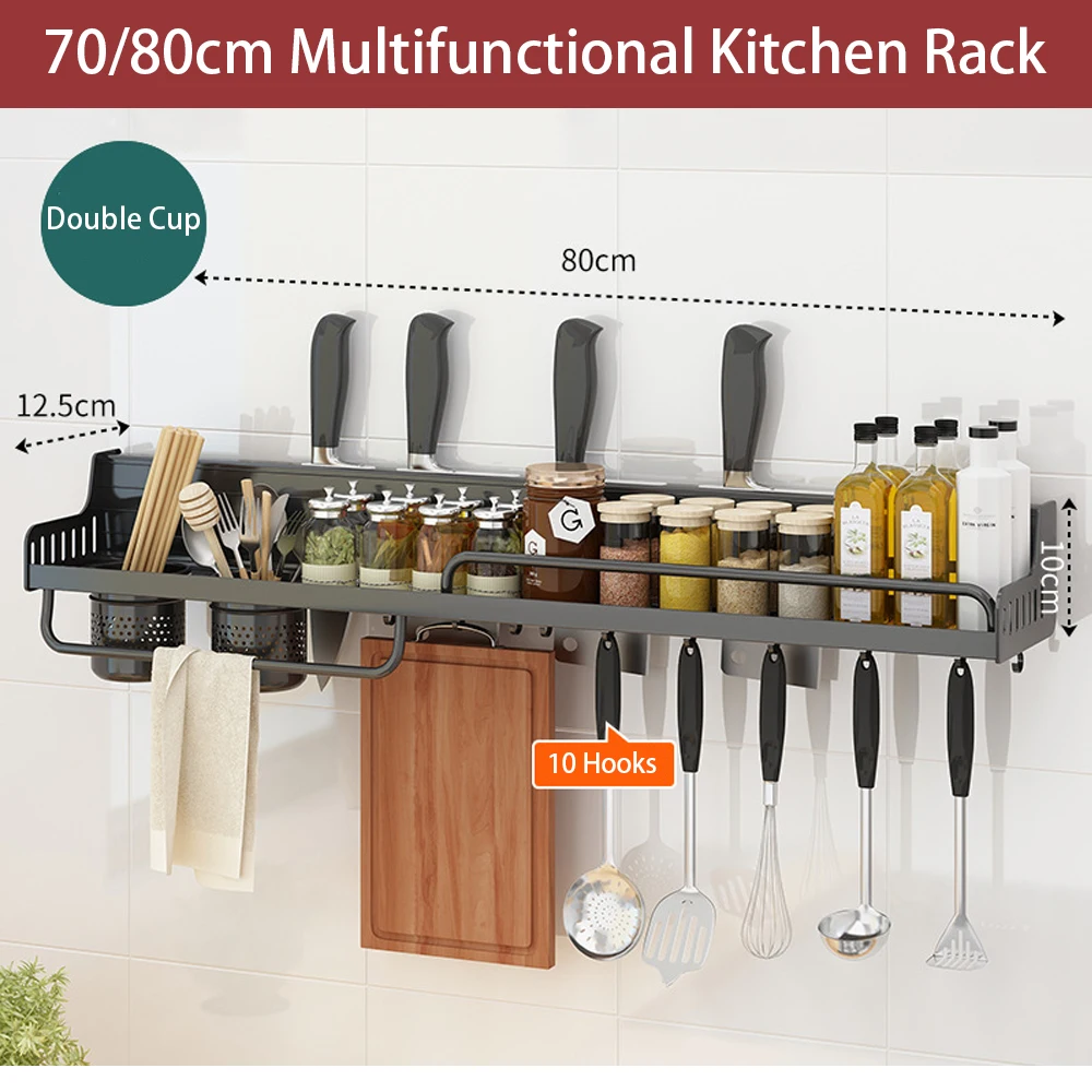 70/80cm Multifunctional Kitchen Organizer Wall-mounted Aluminum Kitchen Rack With Hook Punch-Free Kitchen Accessories