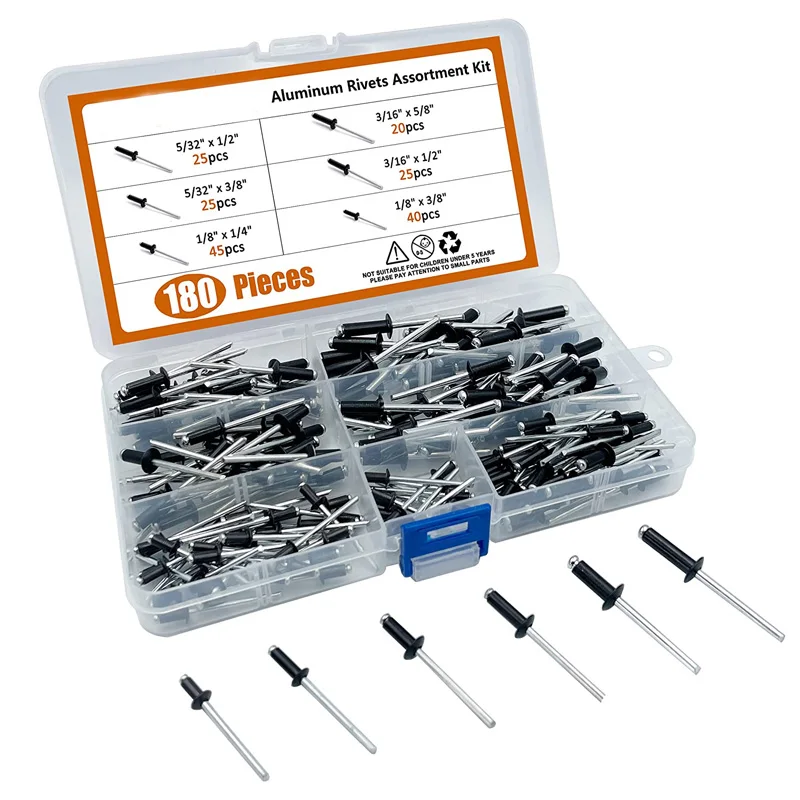 

180 шт., алюминиевые грибовидная головка, оправка, глухие заклепки, черные поп-заклепки для ногтей, плоские разрезные заклепки с круглой головкой