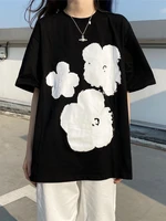 qweek vintage floral graphic t shirts women korean fashion flower print kpop tshirt tees black tops female 2022 summer