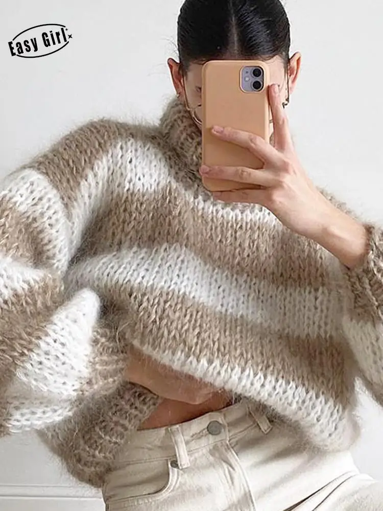 

Knitted Striped Shaggy Women Sweater Turtleneck Warm 2022 Autumn Winter Pullover Loose Elegant Women's Sweaters for Office Lady