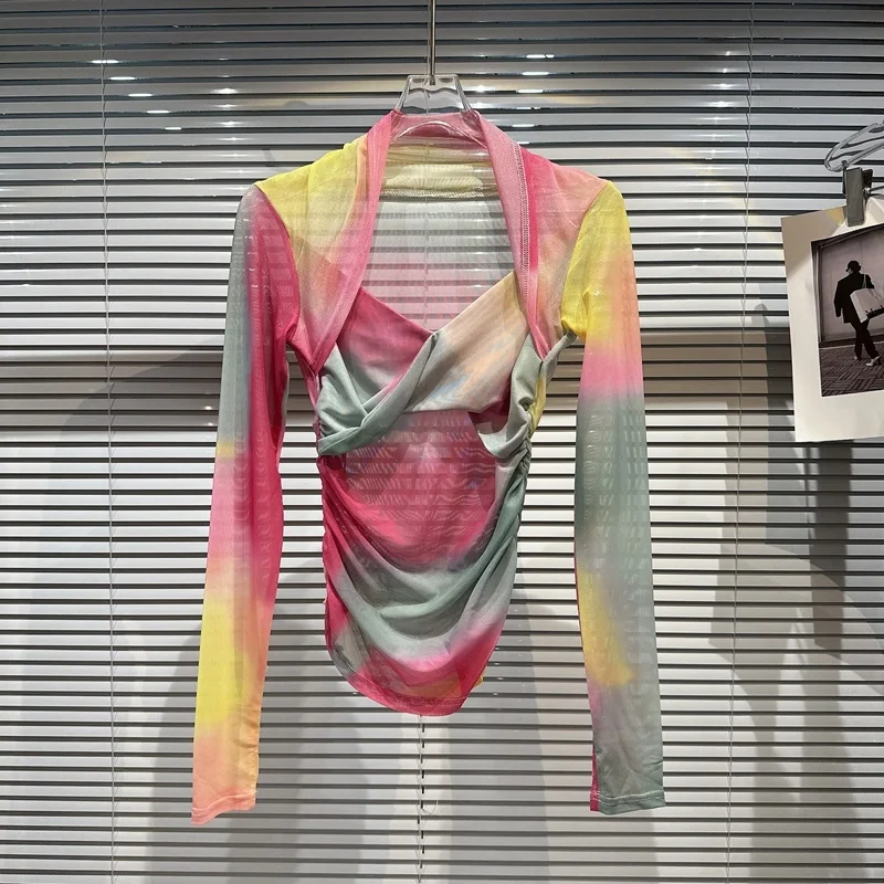 

Футболка BORVEMAYS в стиле пэчворк женская, тонкая летняя рубашка с квадратным вырезом и длинным рукавом, топ контрастных цветов, WZ1451