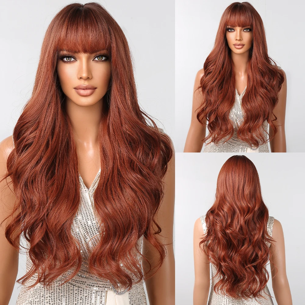 EASIHAIR Long Wavy Red Brown Synthetic Wigs with Bangs for Black Women Natural Cosplay Party Body Wave Heat Resistant Hair Wig