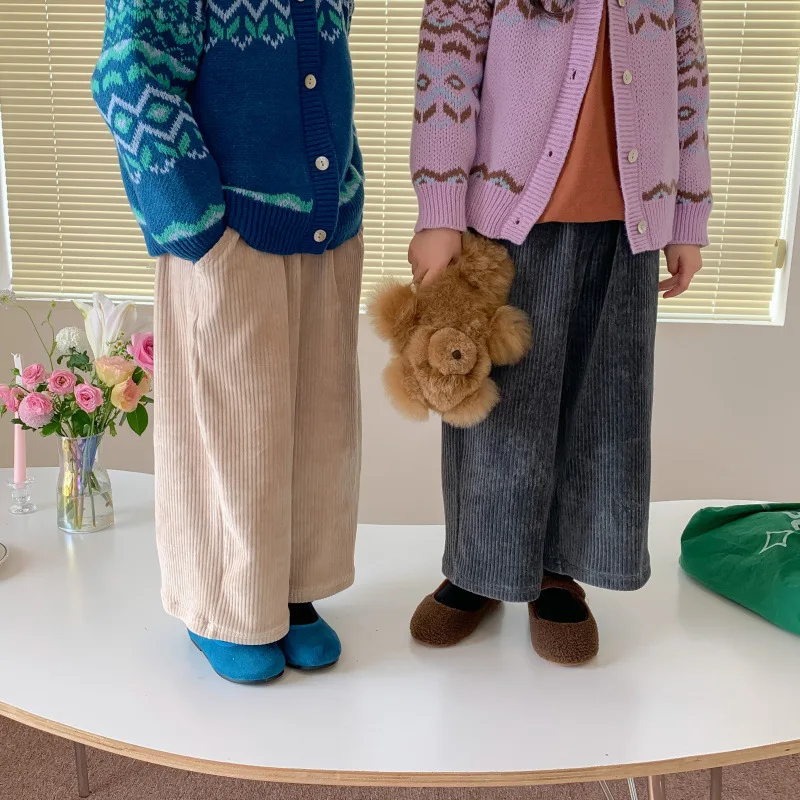 Autumn Kids corduroy all-match wide leg trousers Boys and Girls solid color loose straight-leg pants